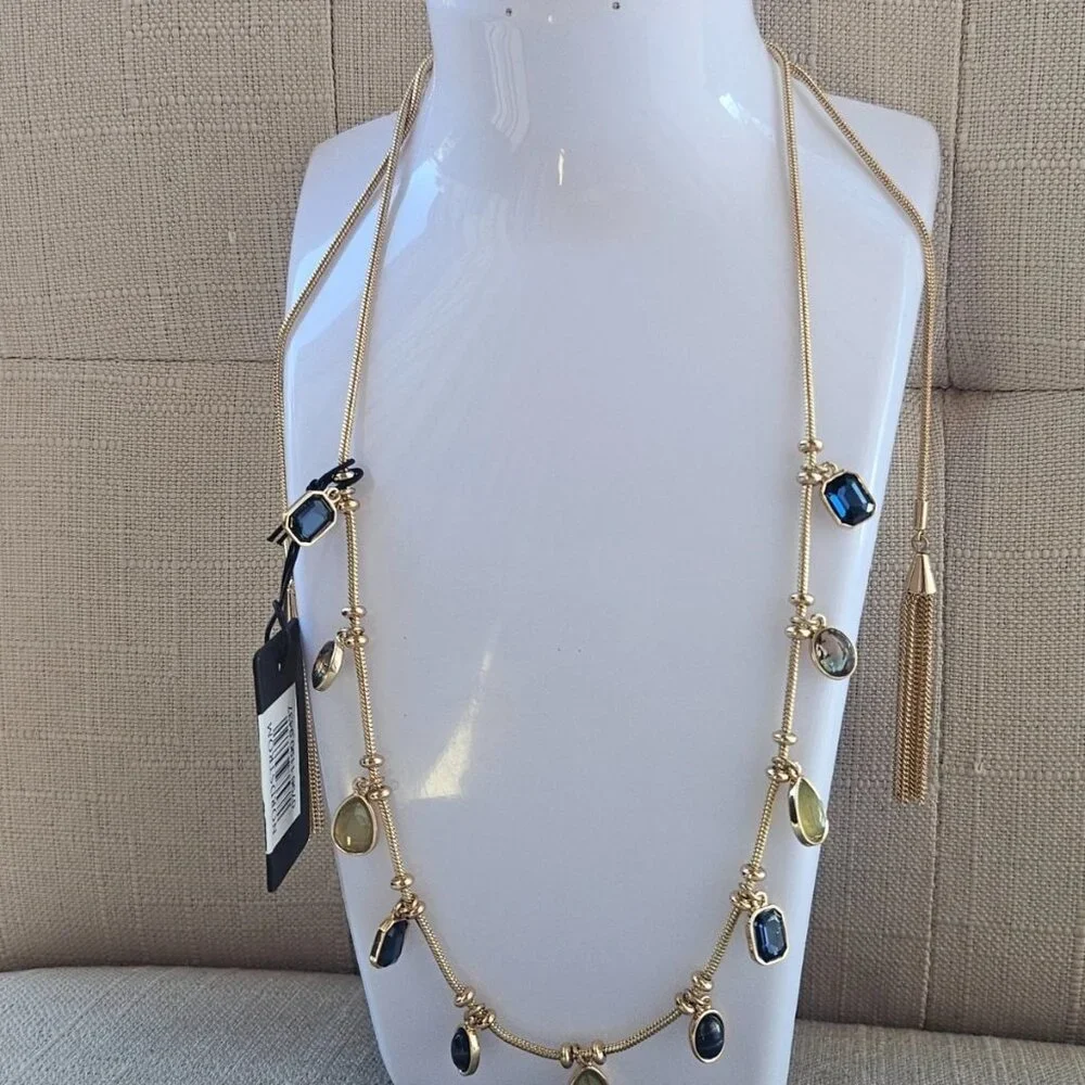 Nordstrom Women Necklace Gold Tone Blue and Yellow Tone Faux Stone Fashion New